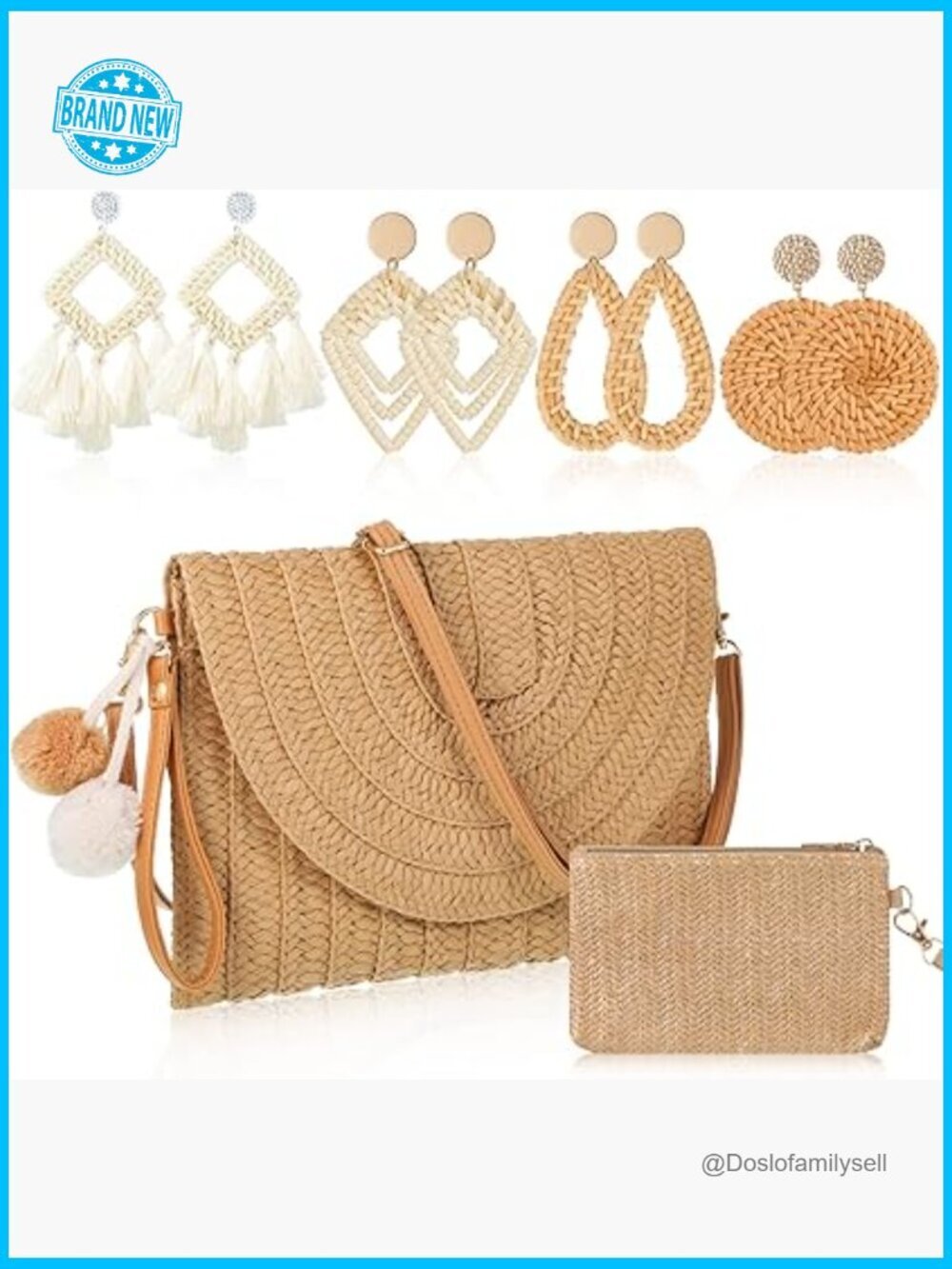 Straw Clutch Purse with Rattan Earrings Set Boho Handbag Woven Wallet Vacation